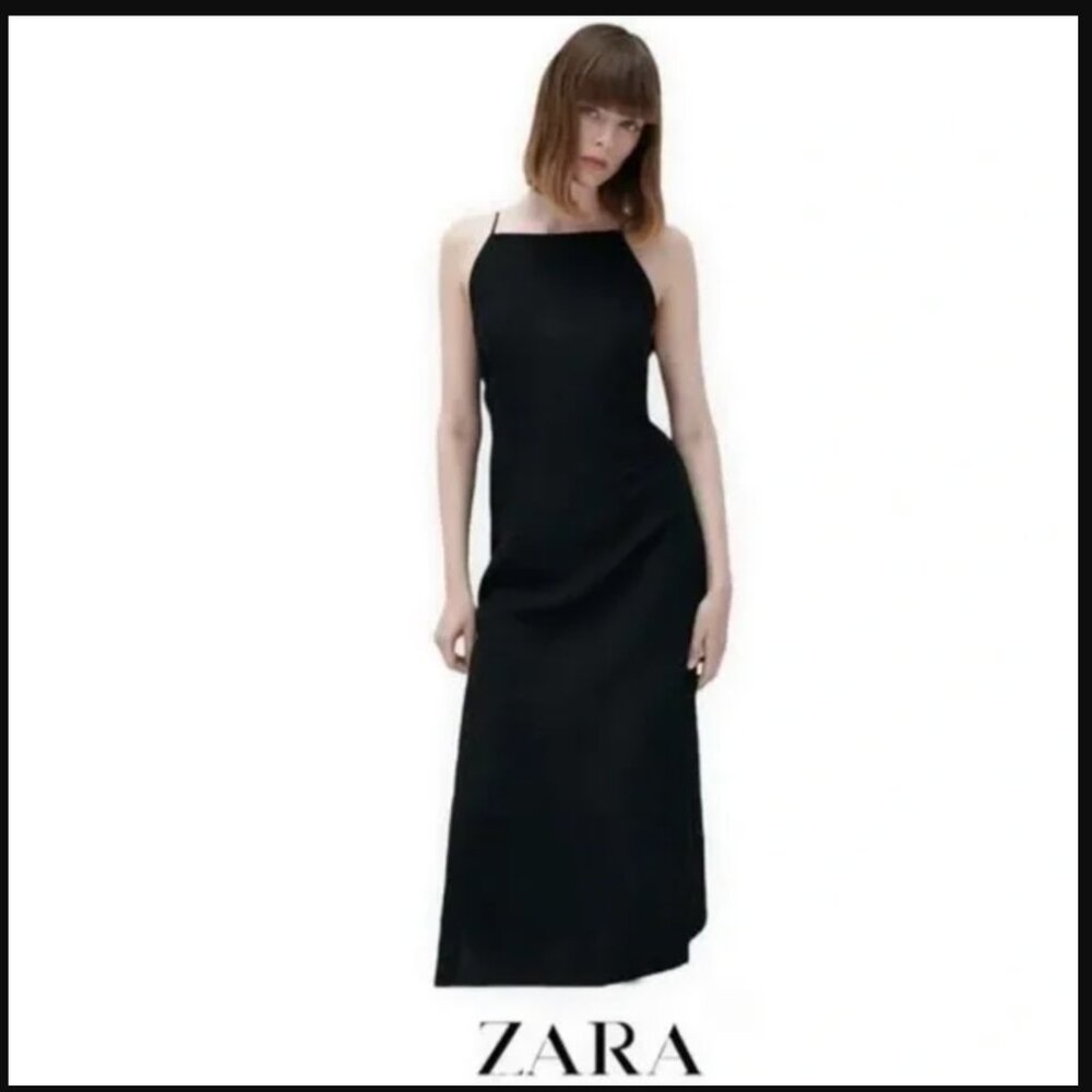 Zara linen blend black dress summer minimalist long dress